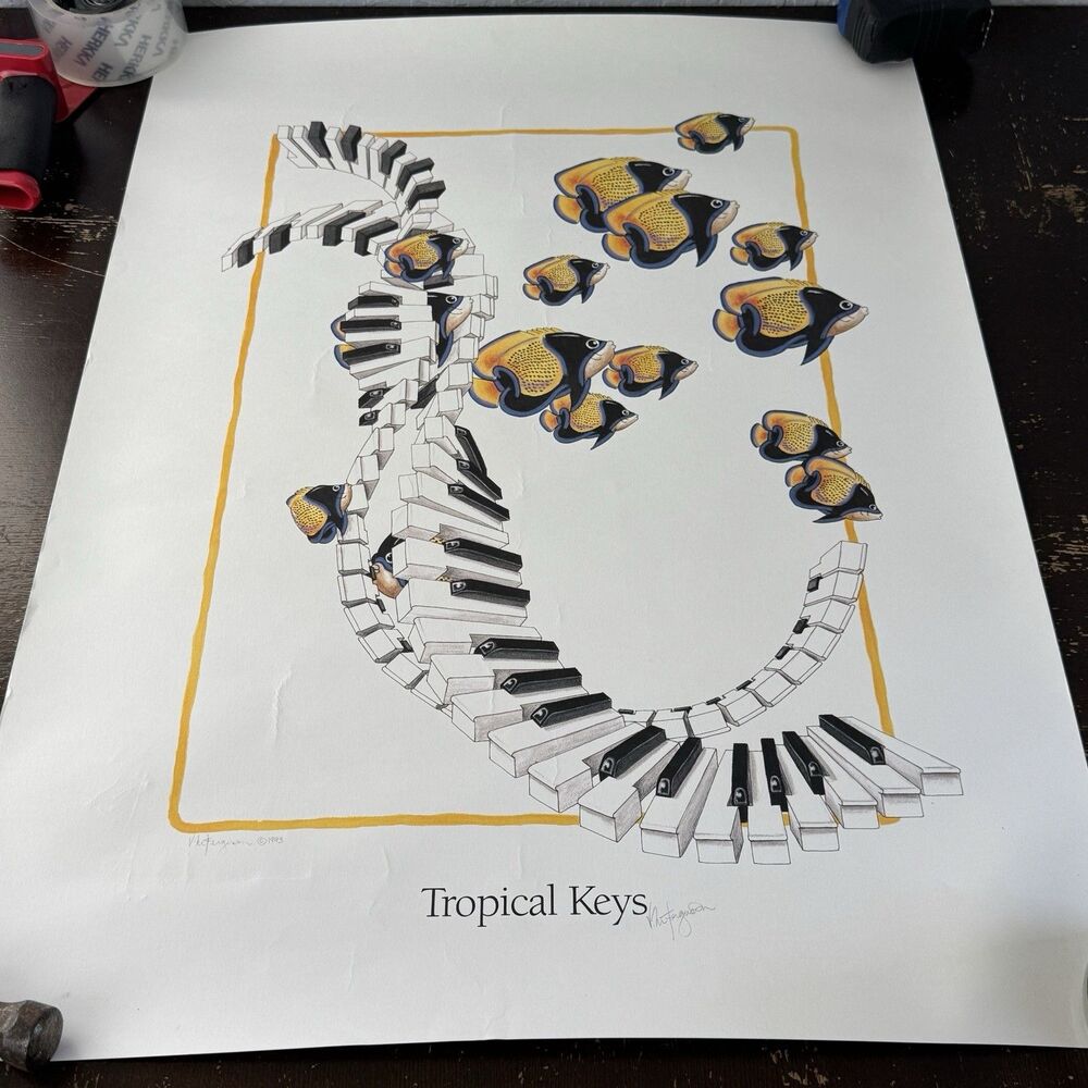 Vicki Ferguson Hand Signed Art Print Poster “Tropical Keys” 30x22 1993 Surreal